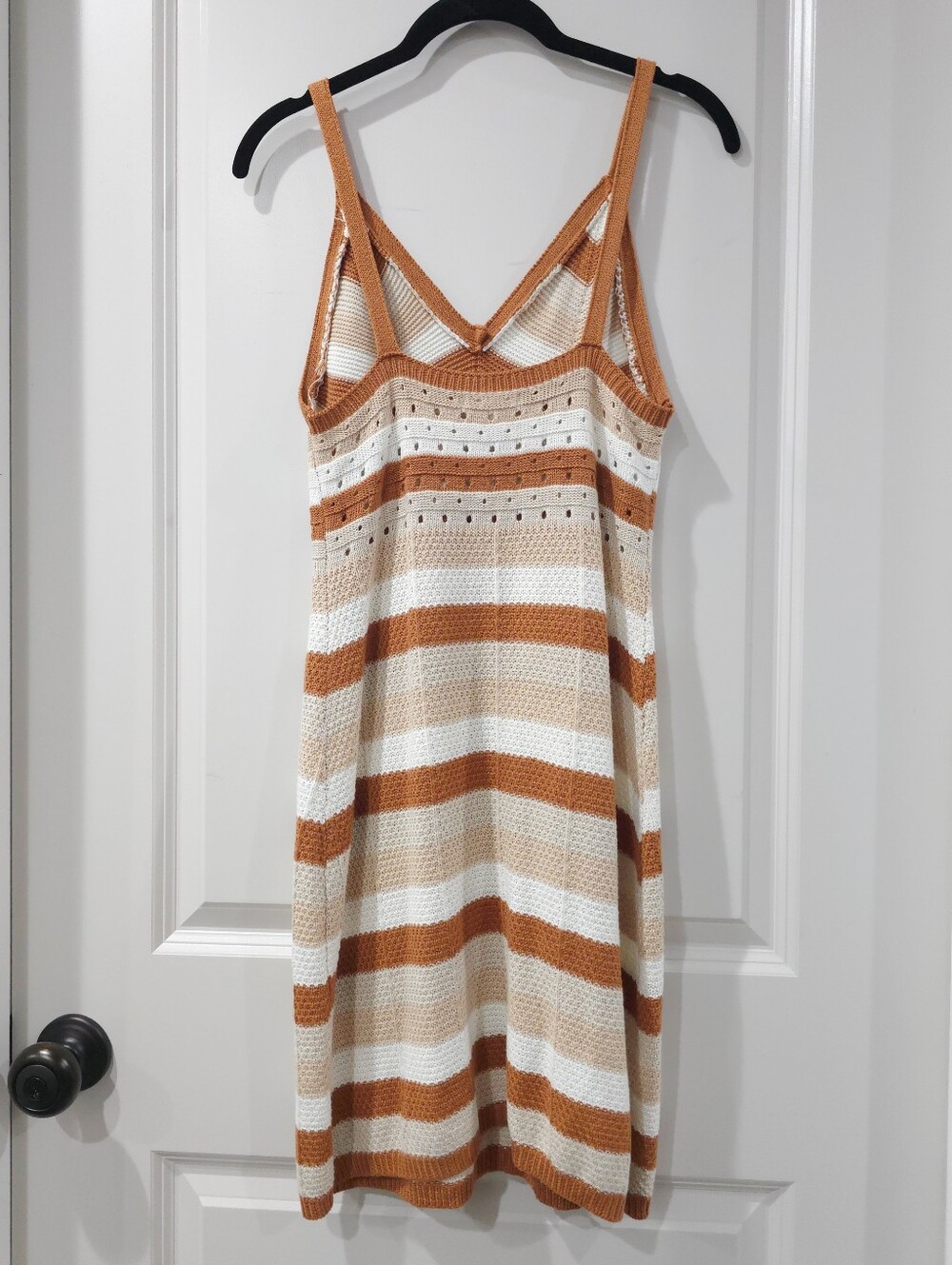 ULTRA FLIRT Boho Crochet Knit Stripe Mini Dress, Vacation, Festival, Cream Brown - Picture 7 of 10